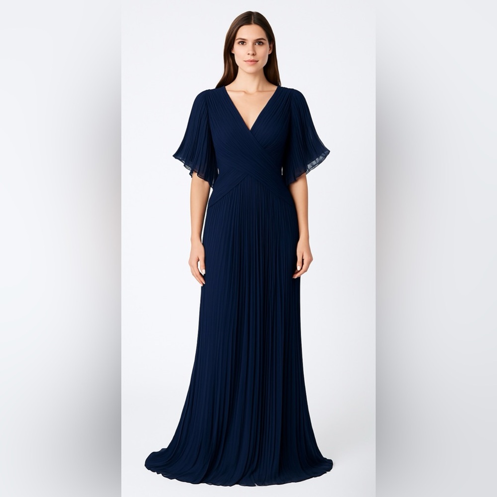 Tadashi Shoji Elegant Pleated Midnight Blue Formal Gown Plus Size 16 EUC